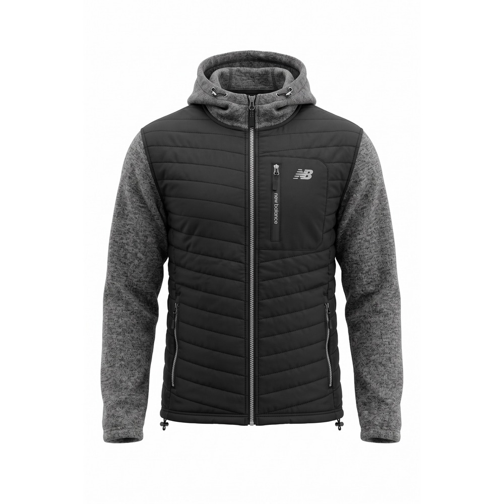 New Balance Mens Hybrid Quilted Fleece Full Zip Hooded Jacket Black Gray Large